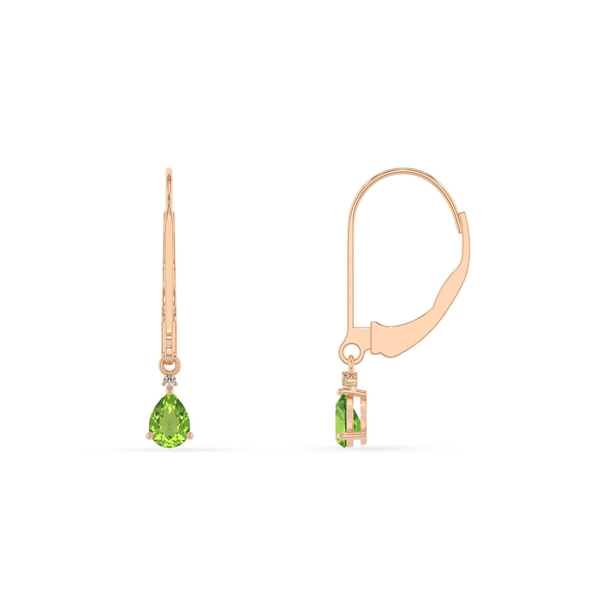 natural peridot pear drop earrings in rose gold 