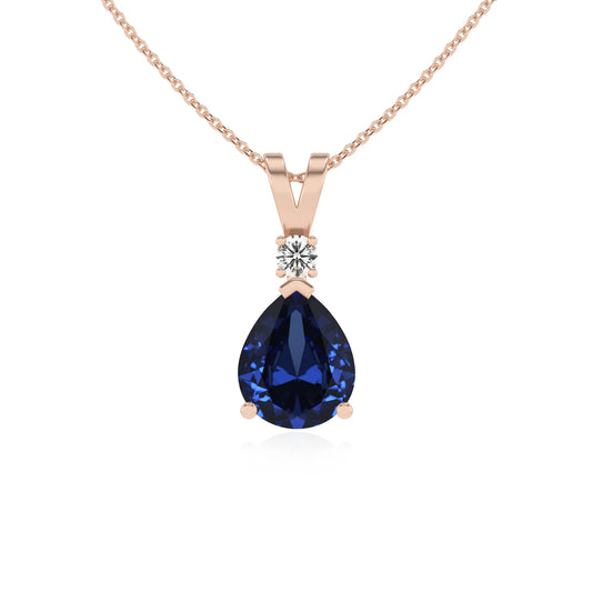 lab grown blue-sapphire pear solitaire v-bale necklaces in rose gold 