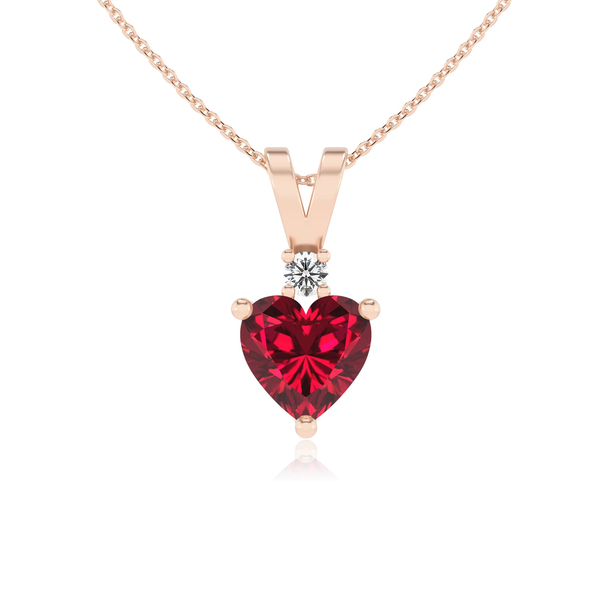 lab grown ruby heart solitaire v-bale necklaces in rose gold 