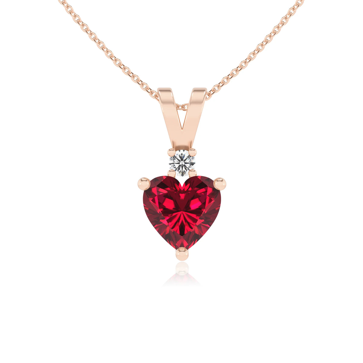 lab grown ruby heart solitaire v-bale necklaces in rose gold 