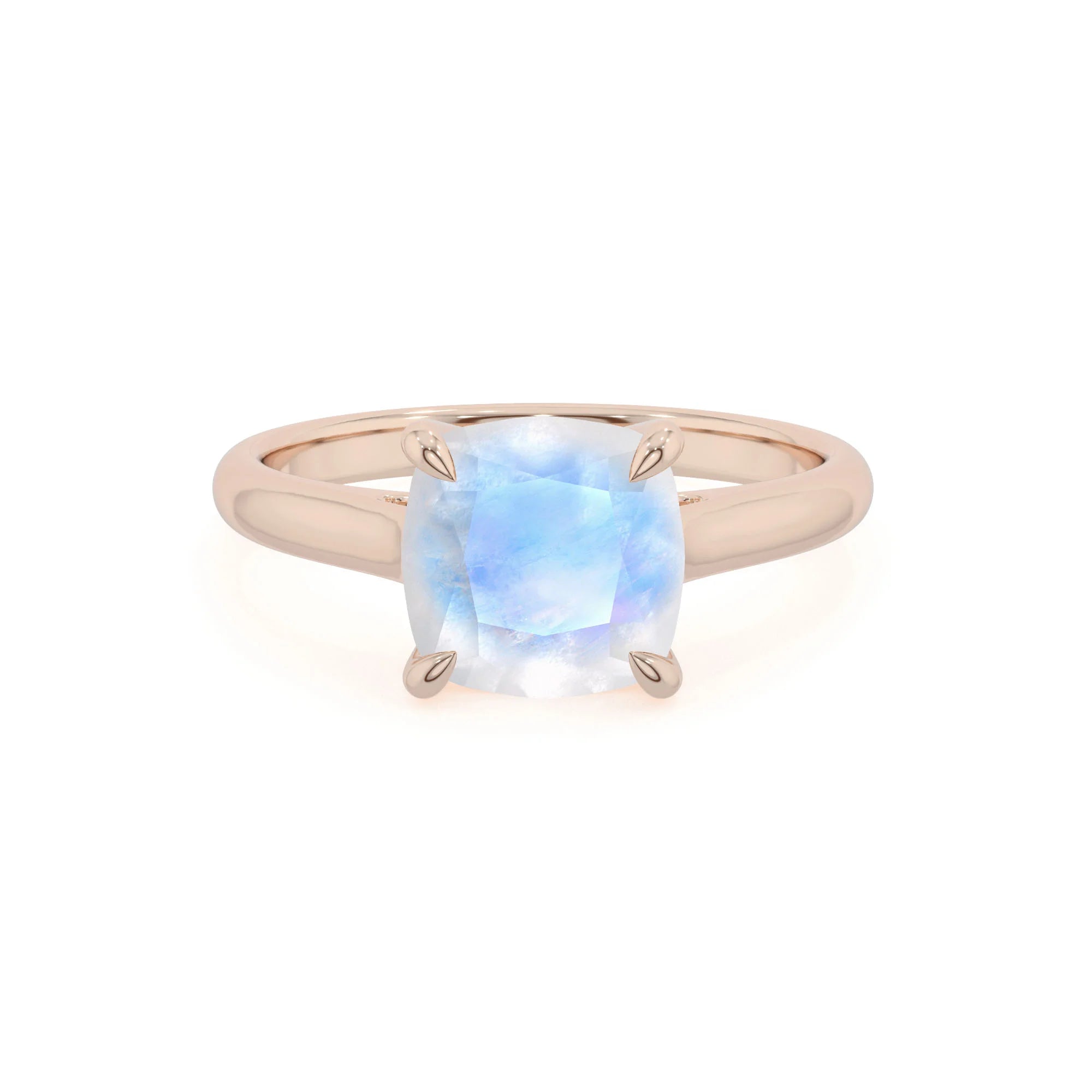 natural rainbow-moonstone cushion solitaire rings in rose gold 