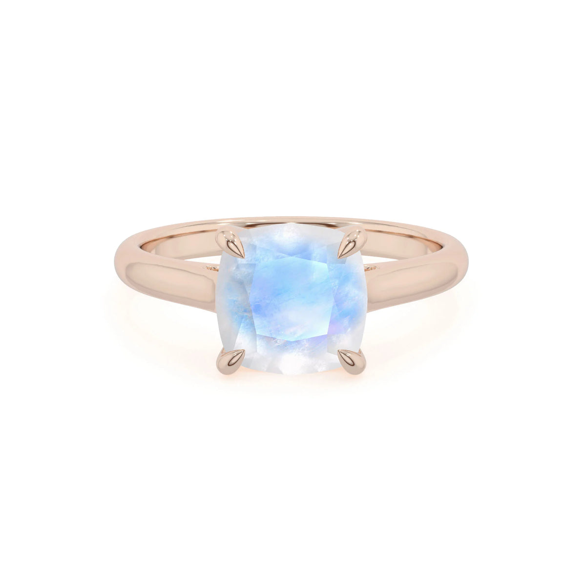 natural rainbow-moonstone cushion solitaire rings in rose gold 