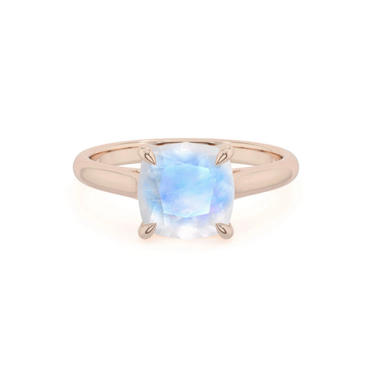 natural rainbow-moonstone cushion solitaire rings in rose gold 
