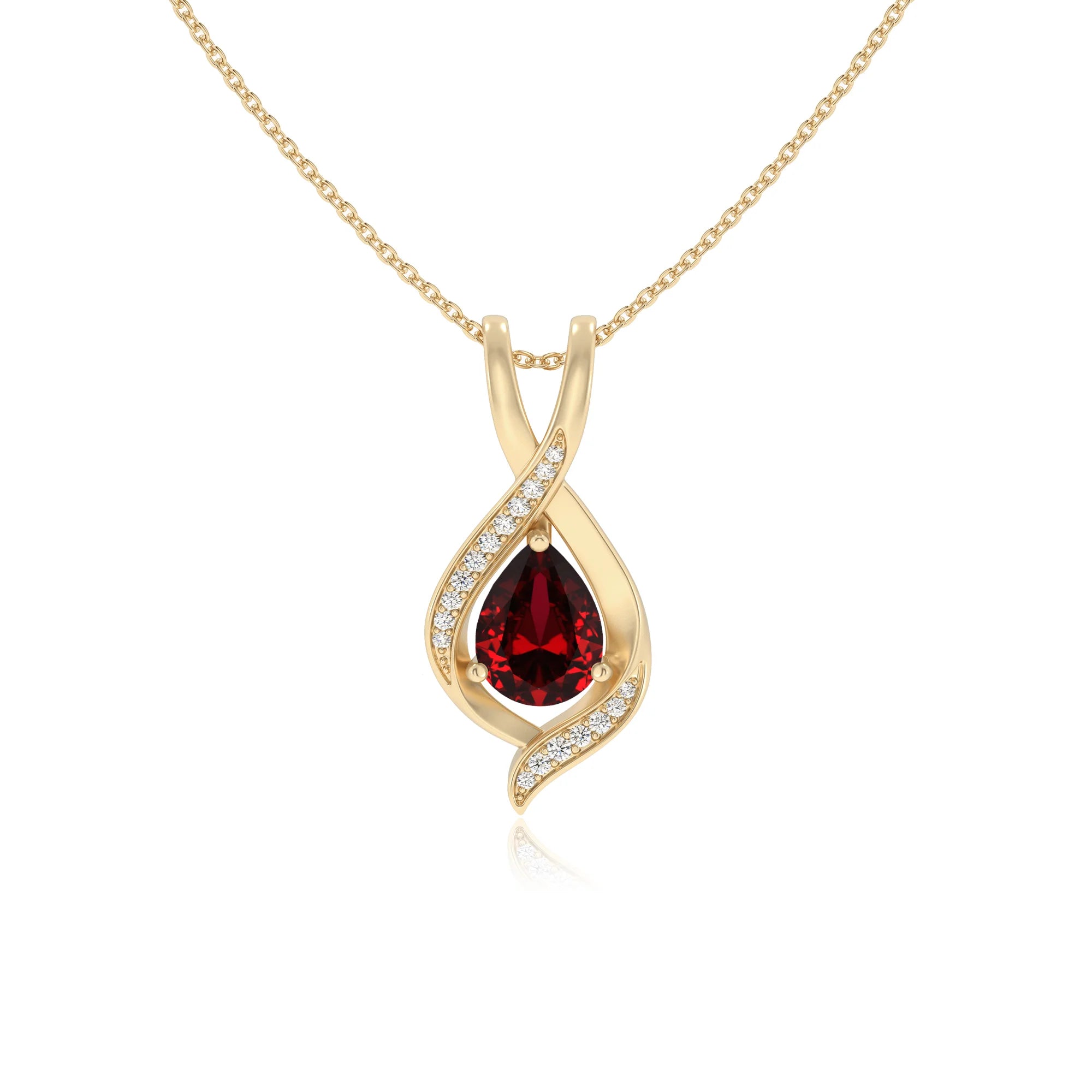 lab grown ruby pear solitaire necklaces in yellow gold 
