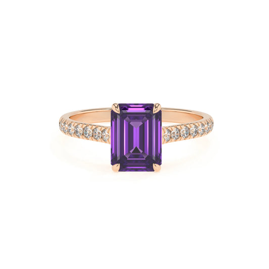 lab grown amethyst emerald cut half eternity solitaire engagement rings in rose gold 