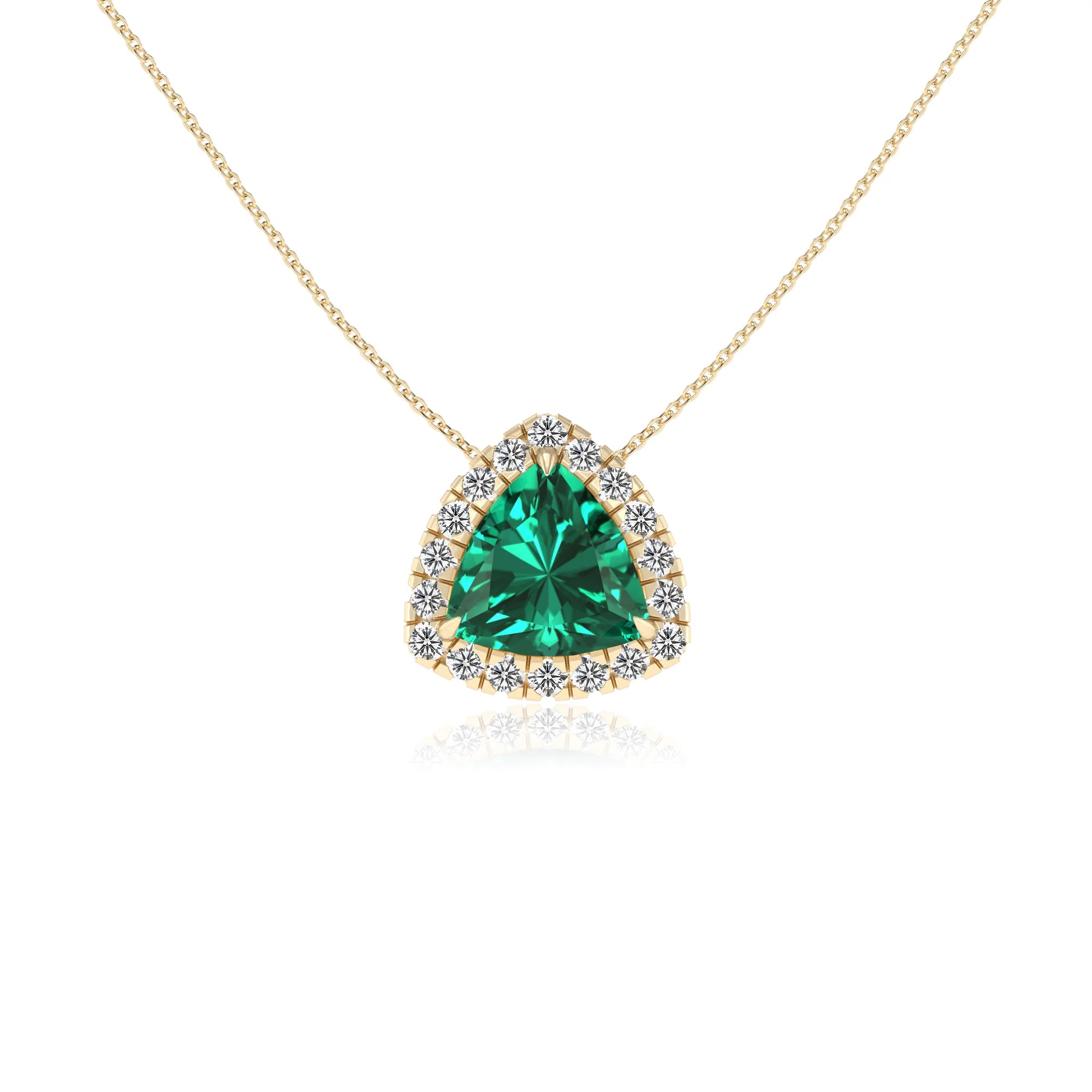 lab grown emerald trillion solitaire necklaces in yellow gold 