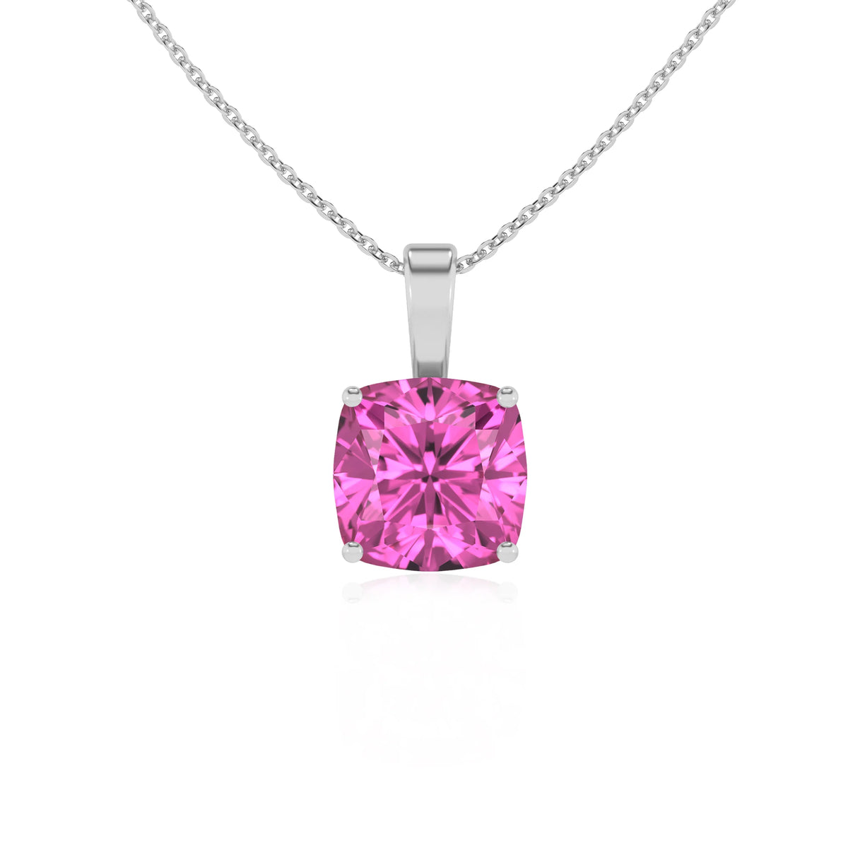 lab grown pink-sapphire cushion solitaire necklaces in white gold 