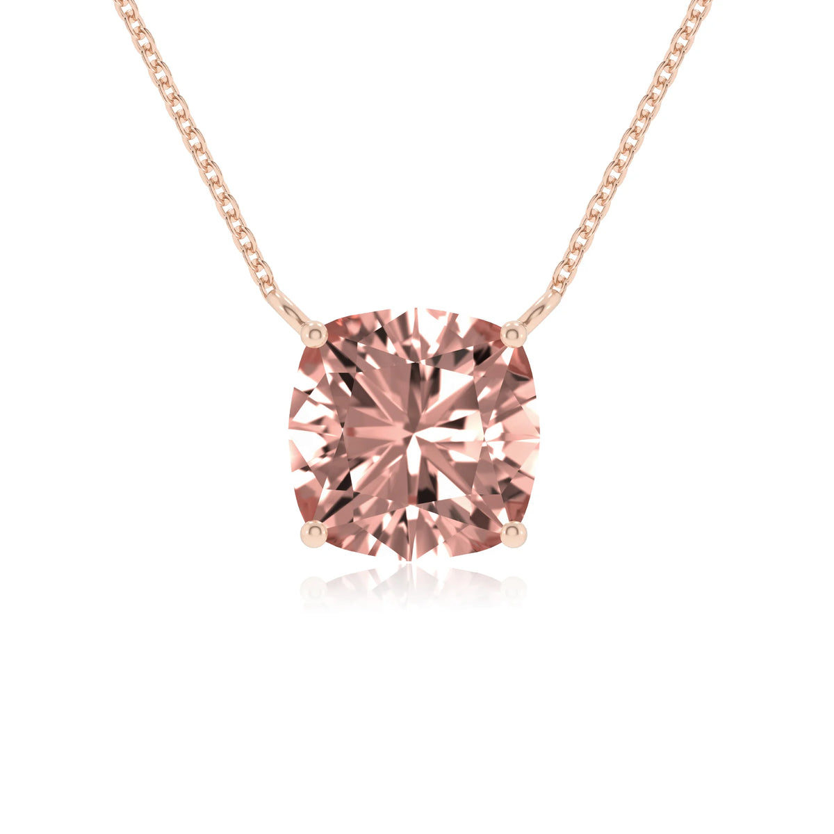 lab grown morganite cushion solitaire necklaces in rose gold 