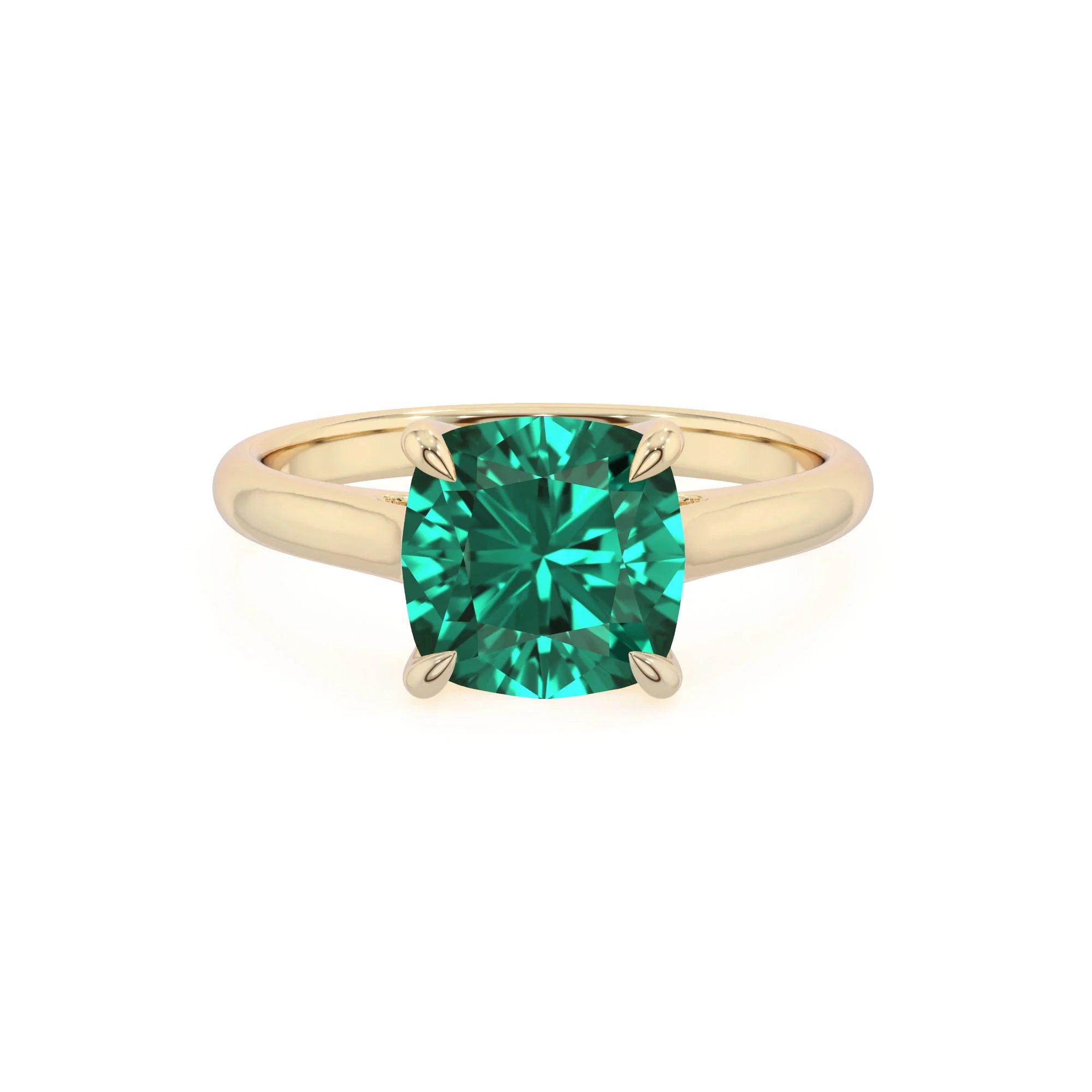 lab grown emerald cushion solitaire rings in yellow gold 
