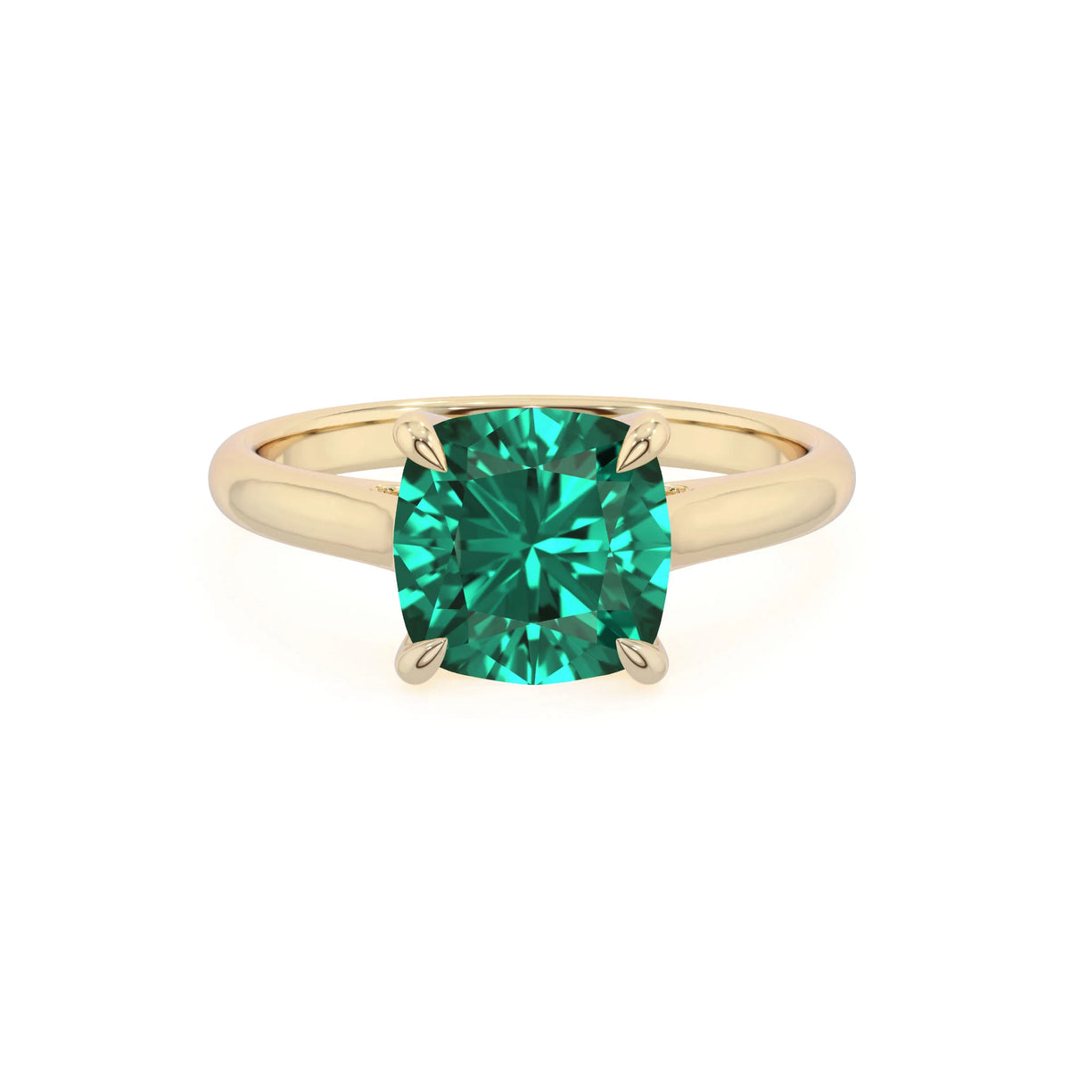 lab grown emerald cushion solitaire rings in yellow gold 