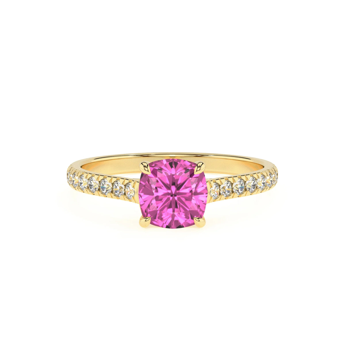 lab grown pink-sapphire cushion half eternity solitaire engagement rings in yellow gold 