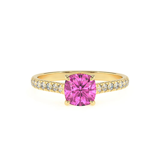 lab grown pink-sapphire cushion half eternity solitaire engagement rings in yellow gold 
