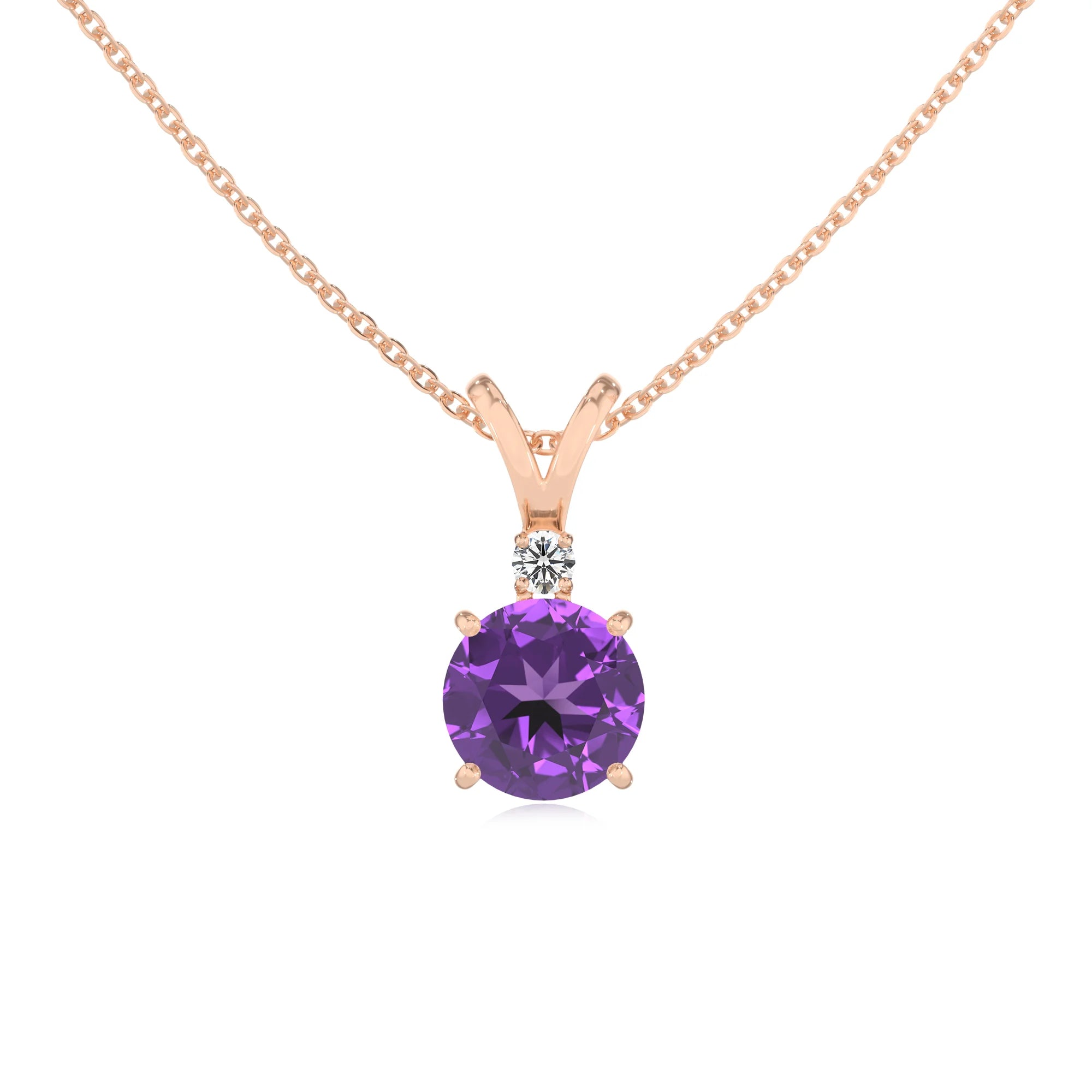 lab grown amethyst round solitaire v-bale necklaces in rose gold 