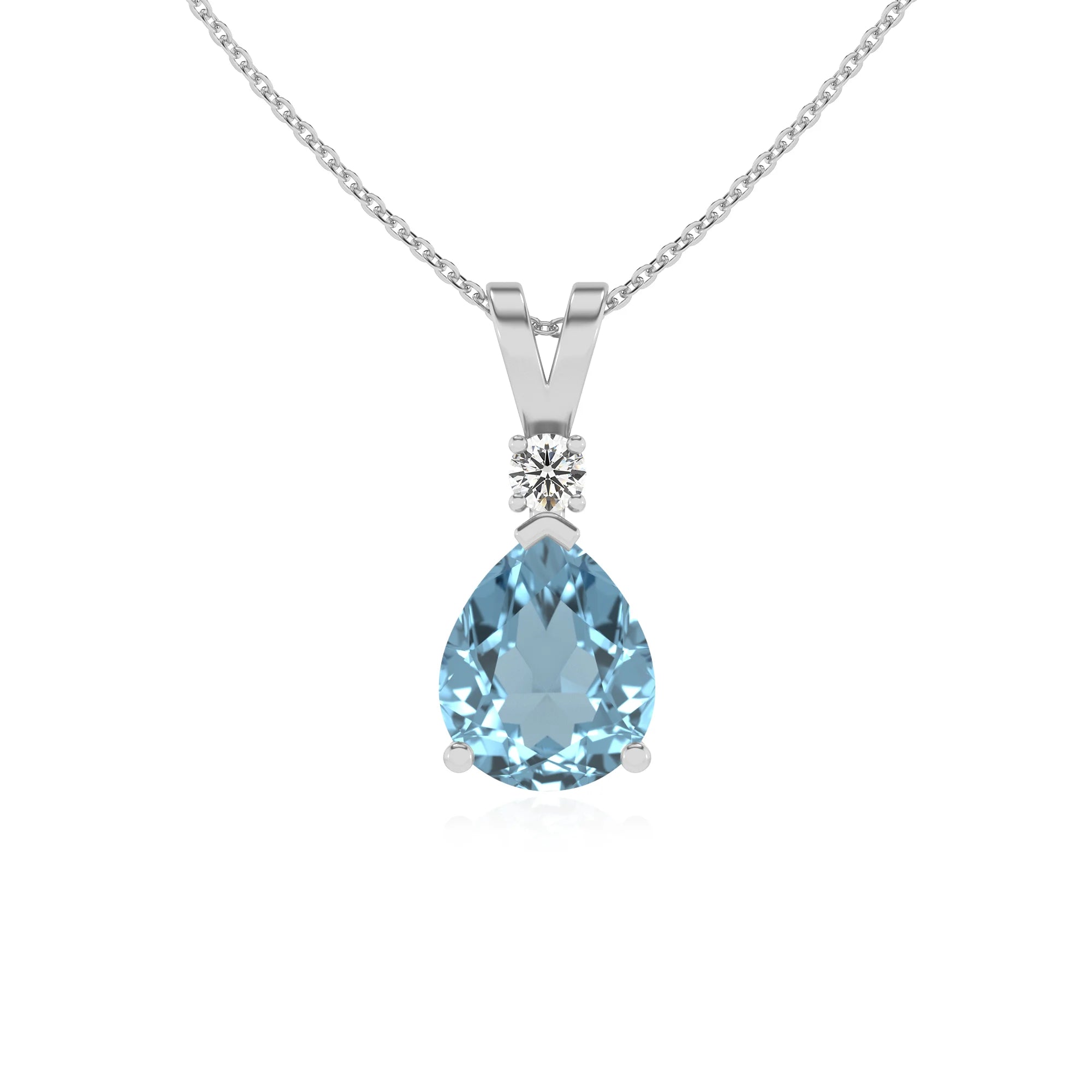 lab grown aquamarine pear solitaire v-bale necklaces in white gold 