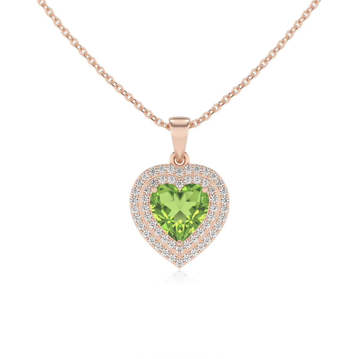 natural peridot heart halo necklaces in rose gold 
