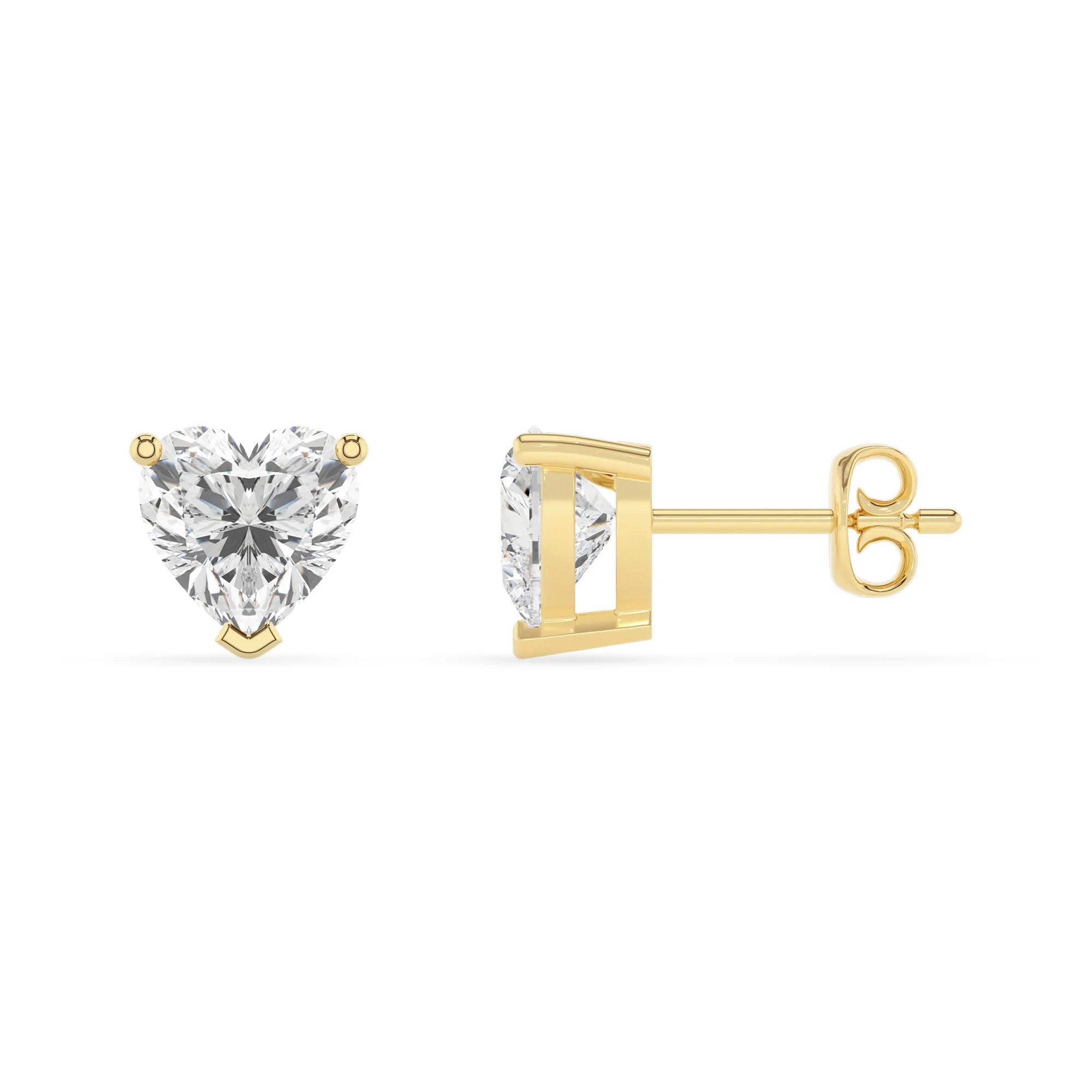 lab grown moissanite heart stud earrings in yellow gold 