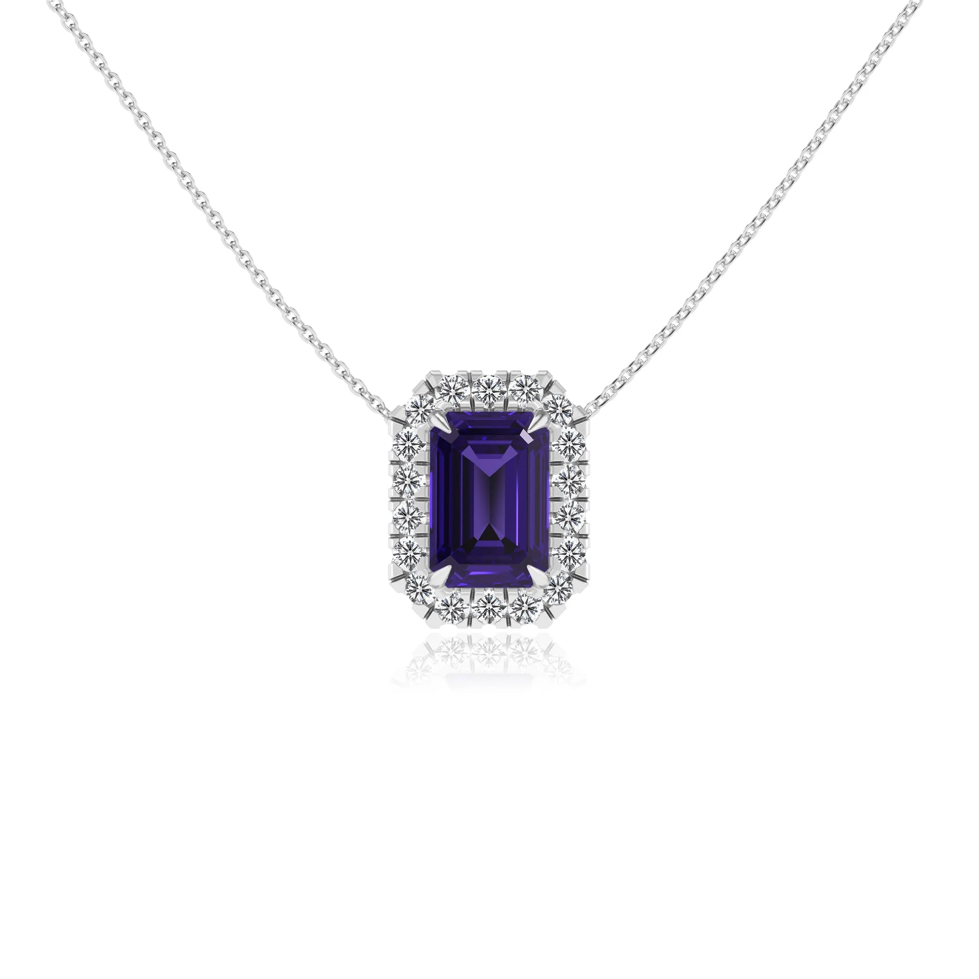 lab grown tanzanite emerald cut solitaire necklaces in white gold 