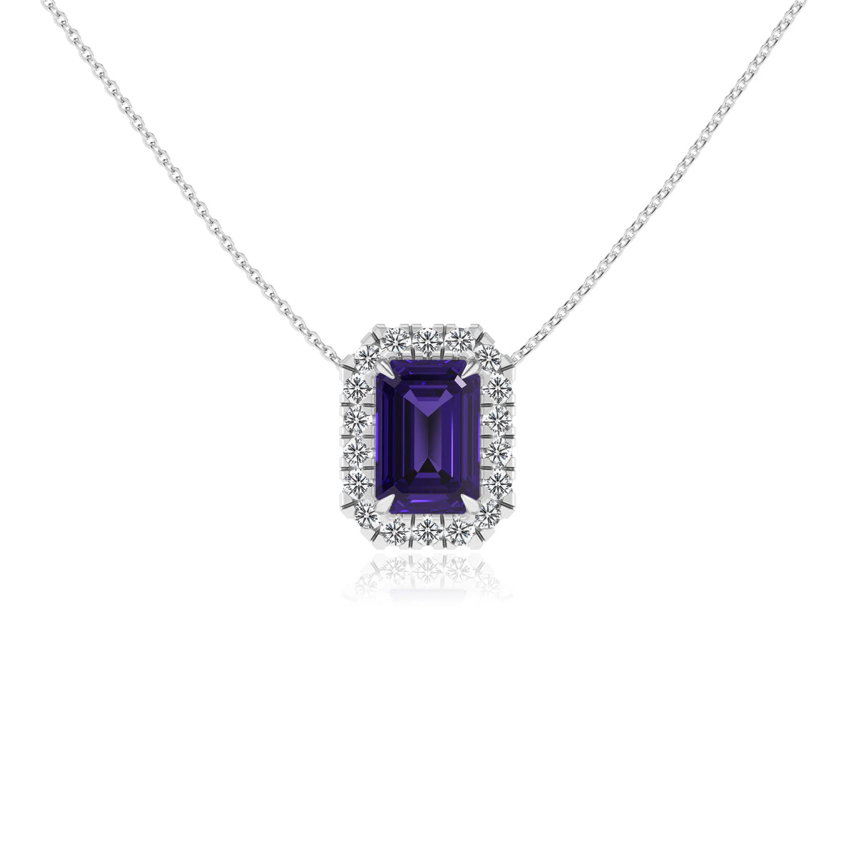 lab grown tanzanite emerald cut solitaire necklaces in white gold 