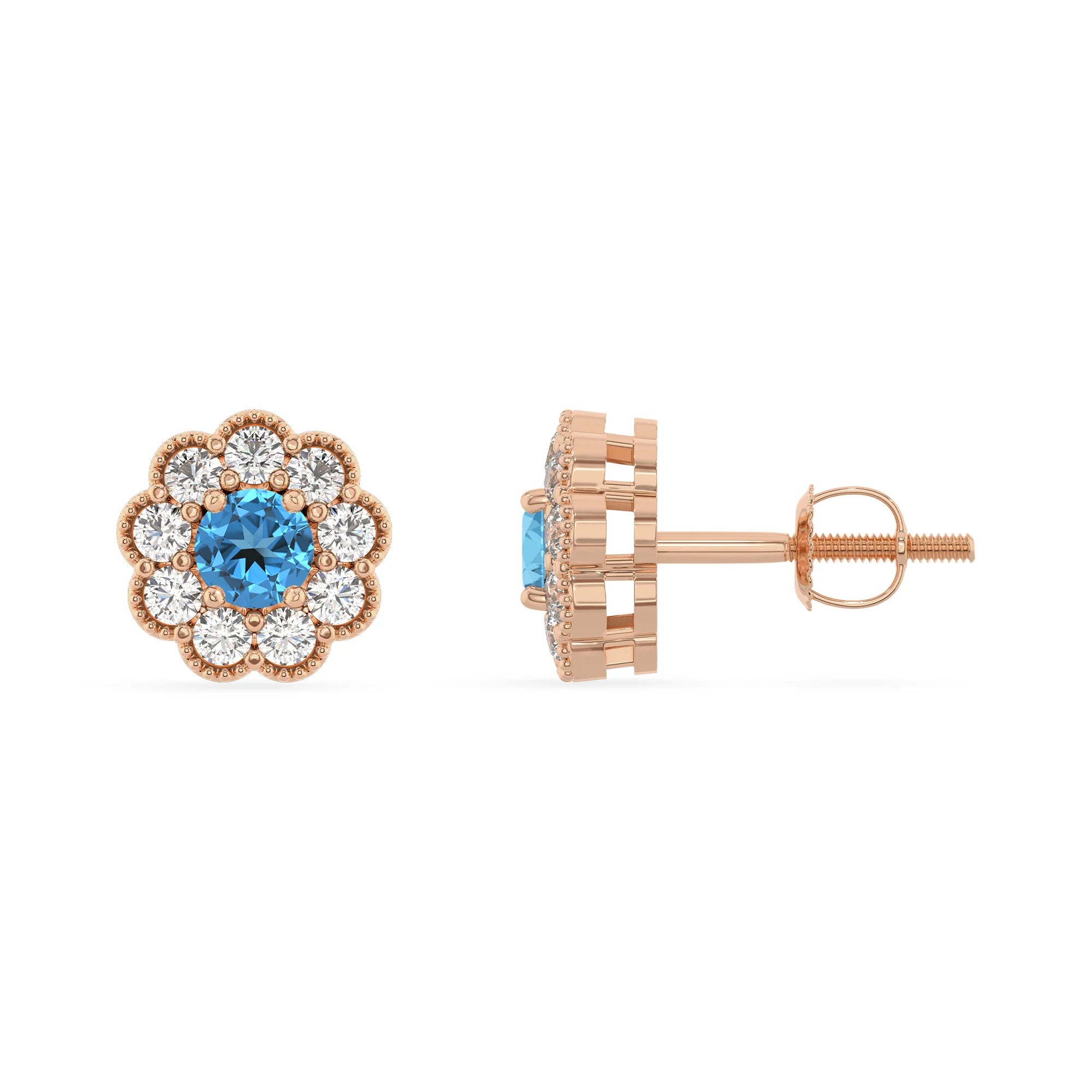 natural swiss blue topaz round stud earrings in rose gold 