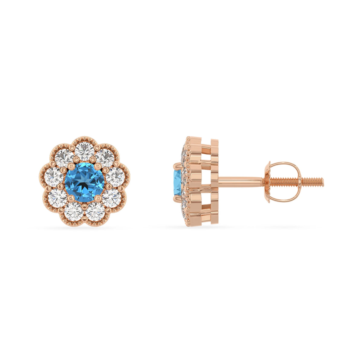 natural swiss blue topaz round stud earrings in rose gold 