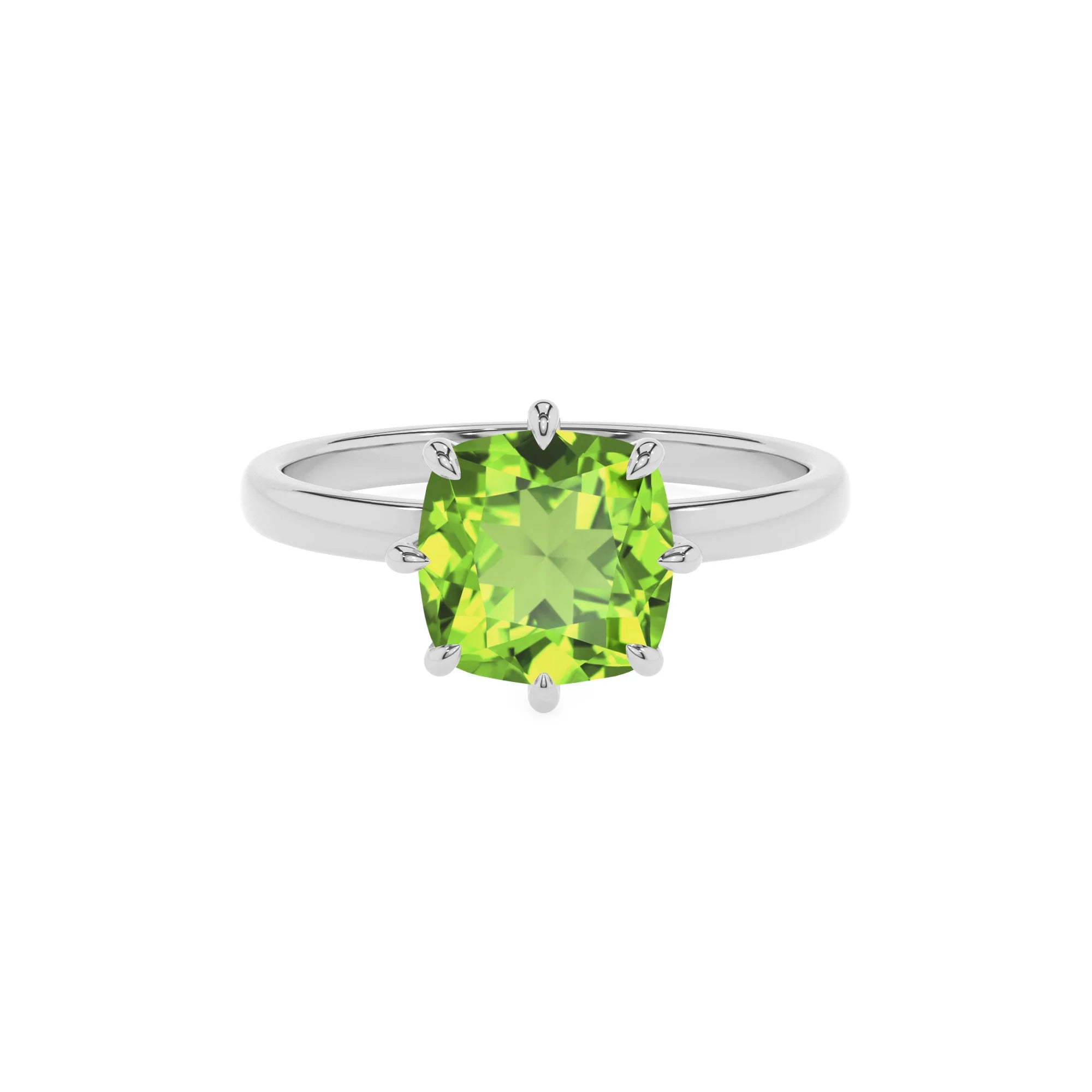 natural peridot cushion solitaire rings in white gold 