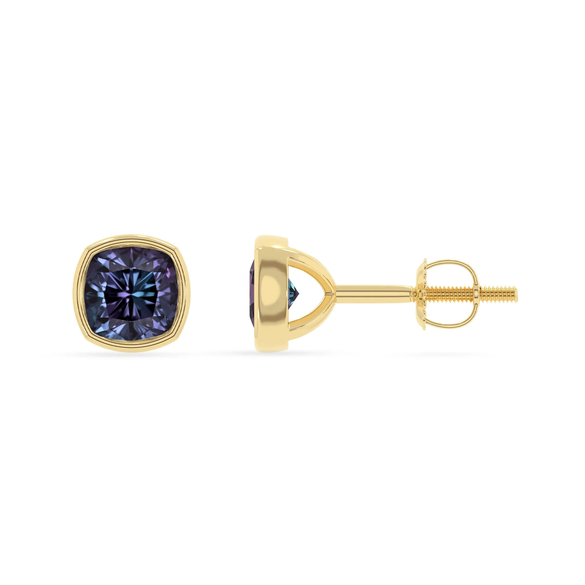 lab grown alexandrite cushion stud earrings in yellow gold 