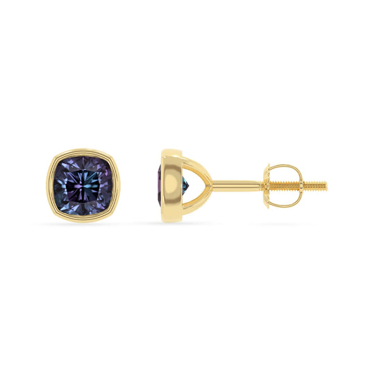 lab grown alexandrite cushion stud earrings in yellow gold 