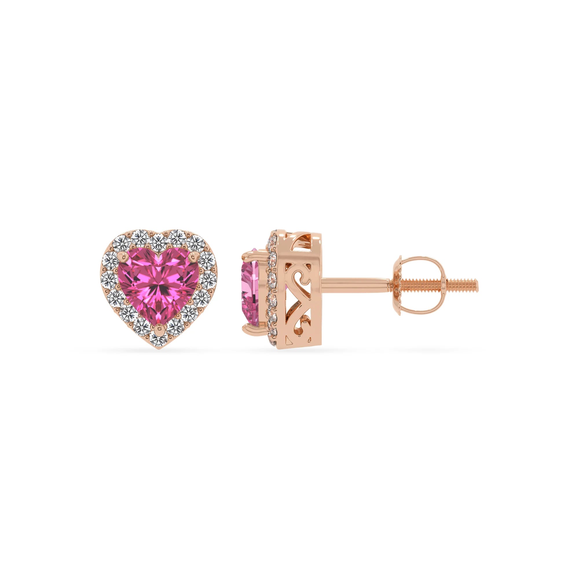 lab grown pink sapphire heart stud earrings in rose gold 