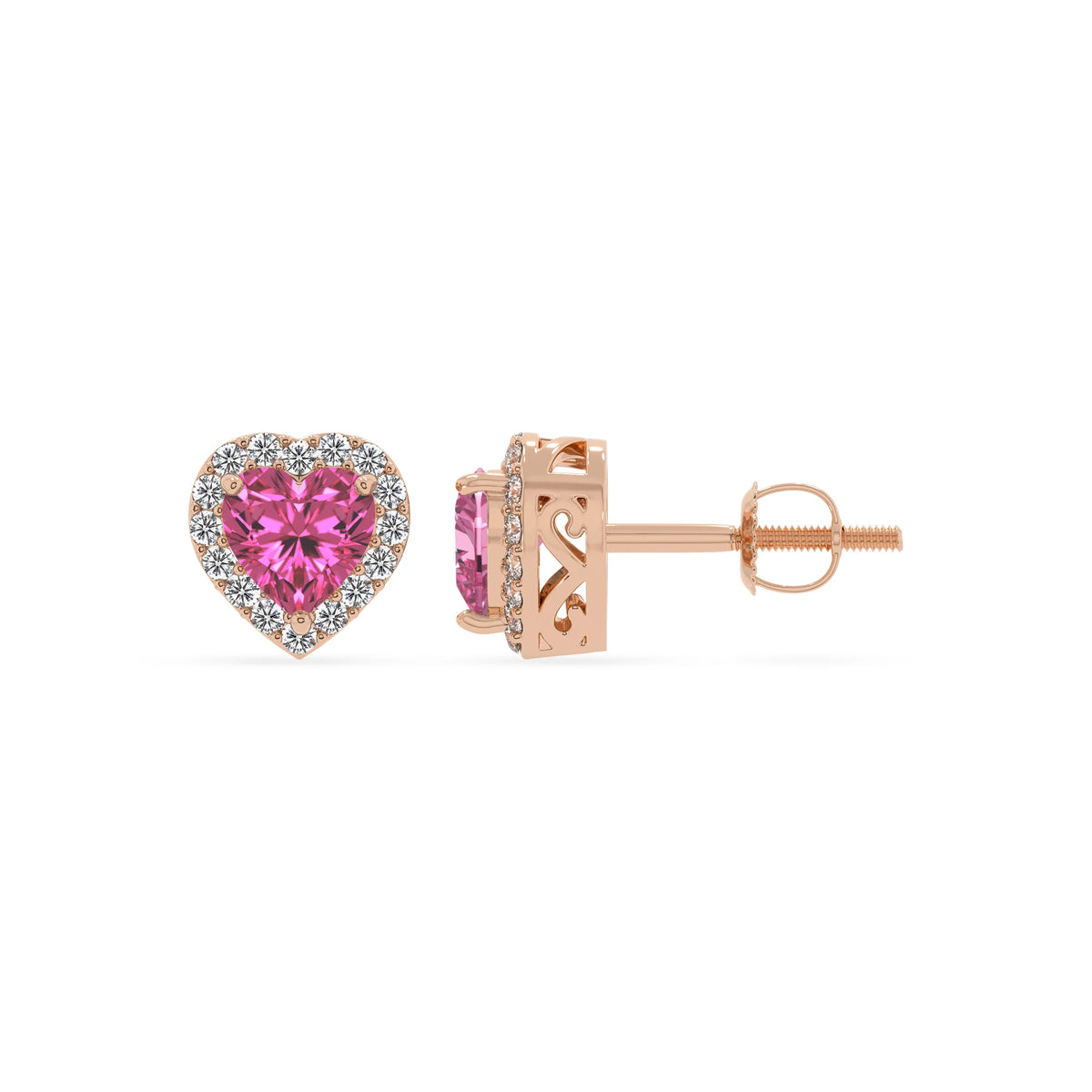 lab grown pink sapphire heart stud earrings in rose gold 