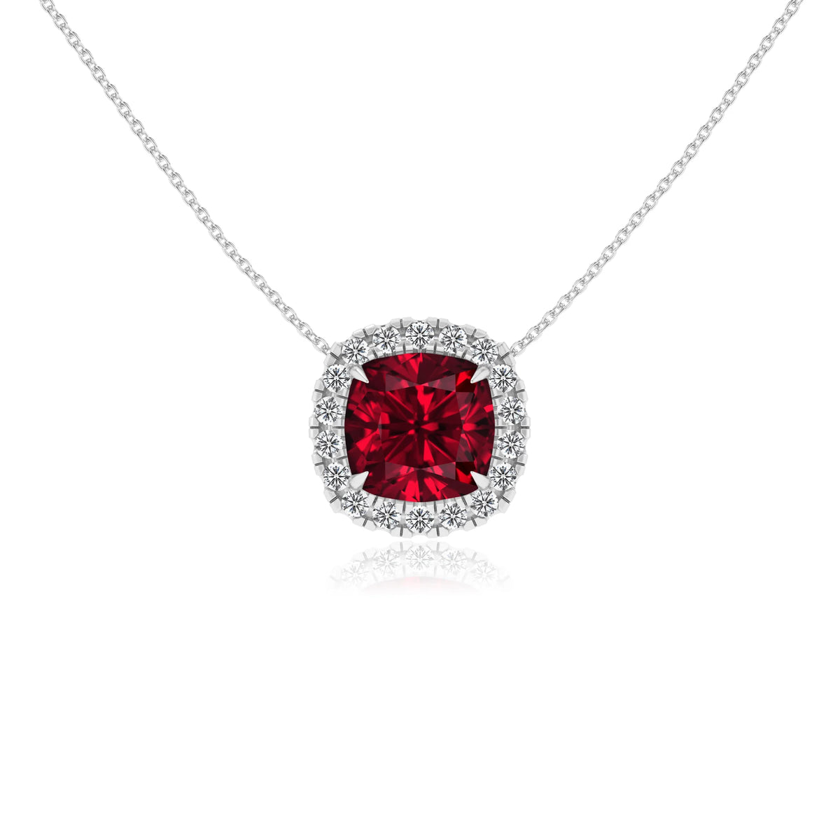 lab grown ruby cushion solitaire necklaces in platinum 