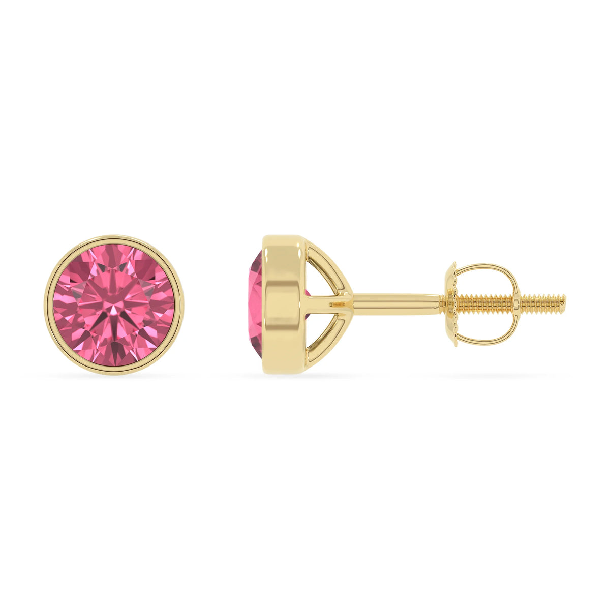 lab grown pink tourmaline round stud earrings in yellow gold 