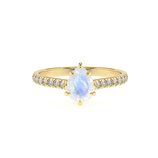natural rainbow-moonstone pear half eternity solitaire engagement rings in yellow gold 