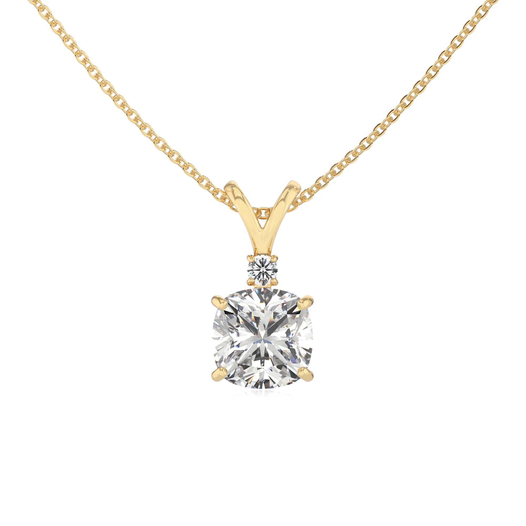 lab grown moissanite cushion solitaire v-bale necklaces in yellow gold 