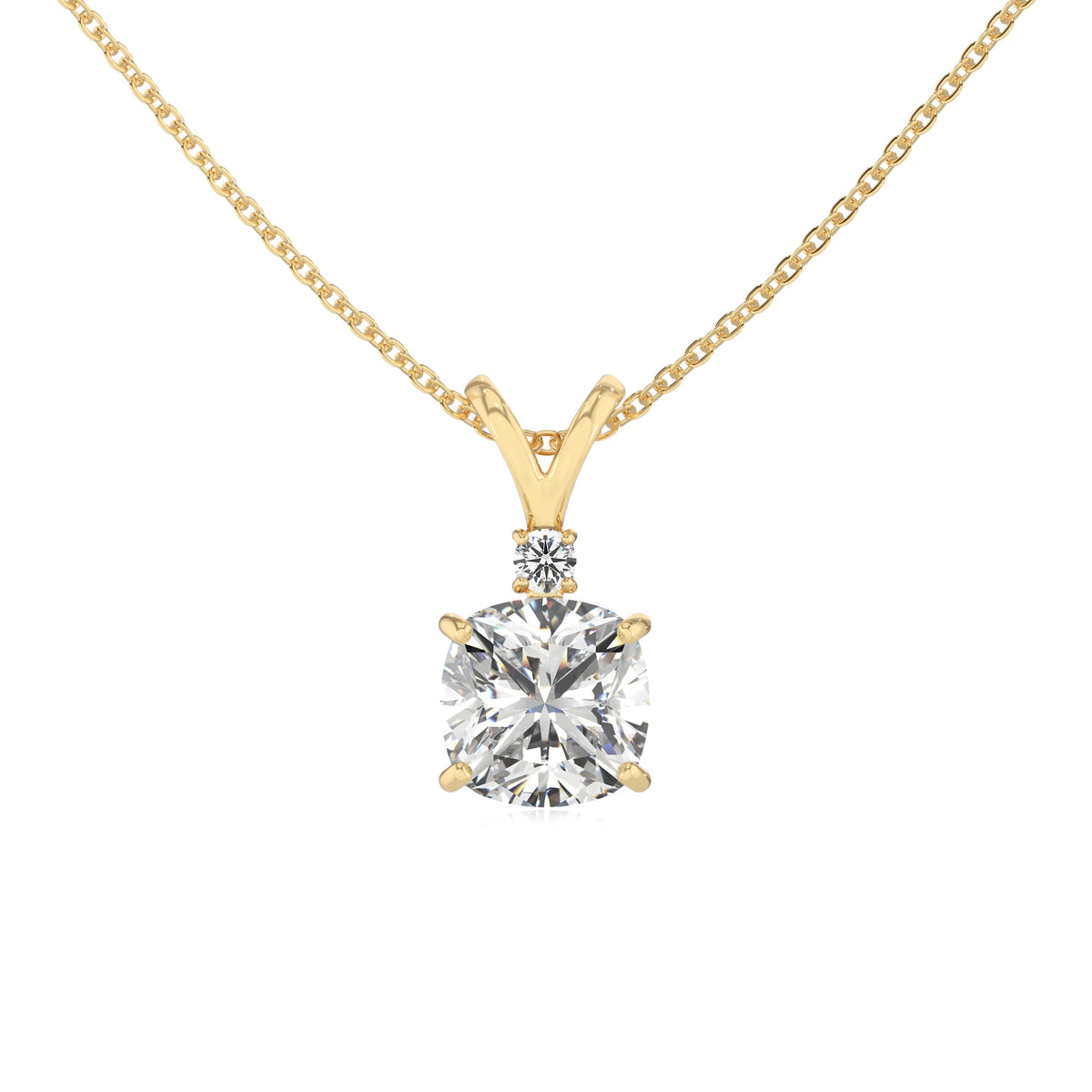 lab grown moissanite cushion solitaire v-bale necklaces in yellow gold 