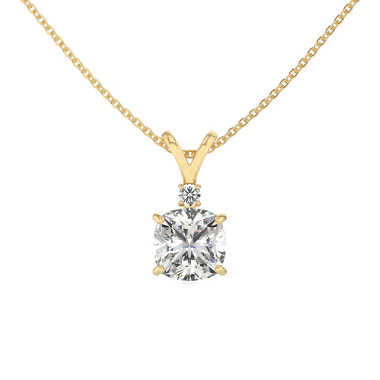 lab grown moissanite cushion solitaire v-bale necklaces in yellow gold 
