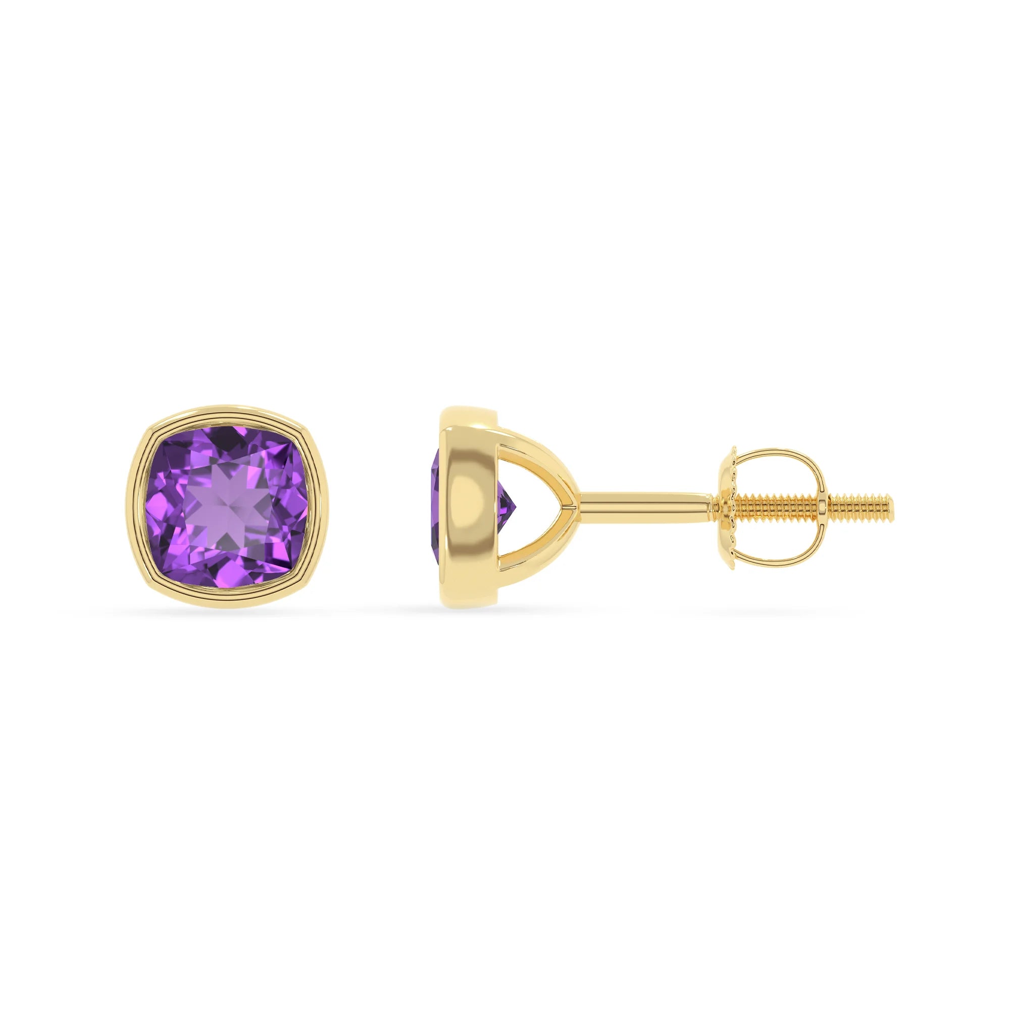 lab grown amethyst cushion stud earrings in yellow gold 