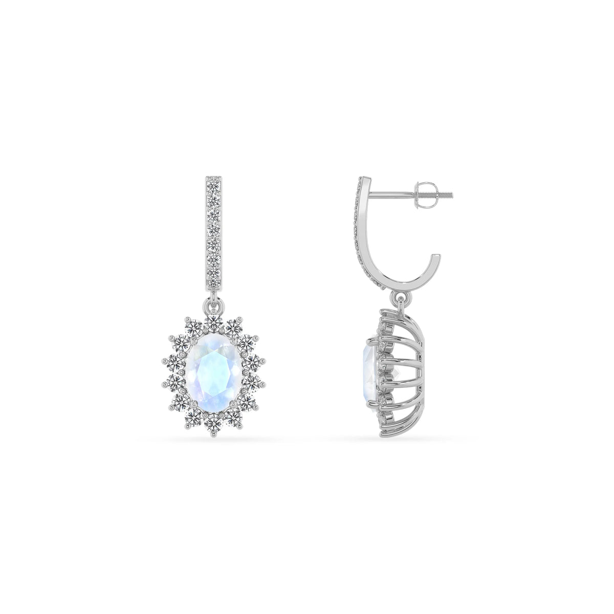 natural rainbow moonstone oval drop earrings in white gold 