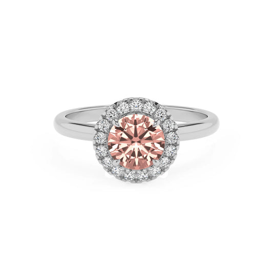 lab grown morganite round solitaire rings in white gold 