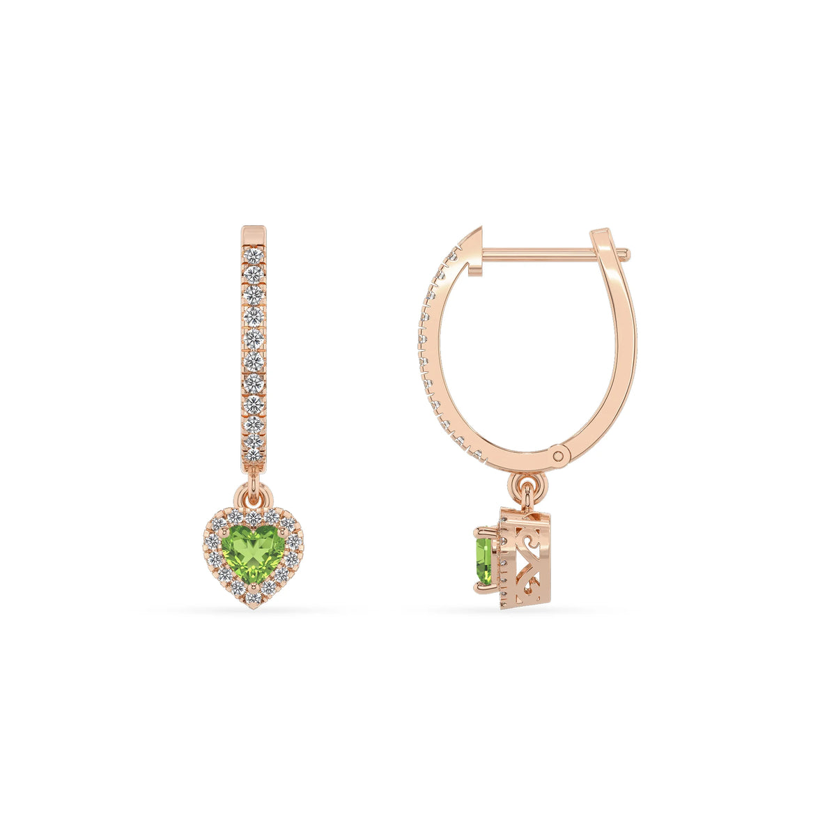 natural peridot heart drop earrings in rose gold 