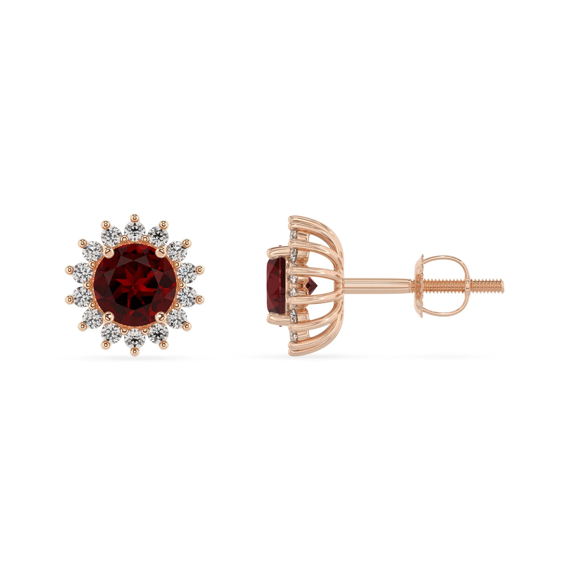 natural garnet round stud earrings in rose gold 