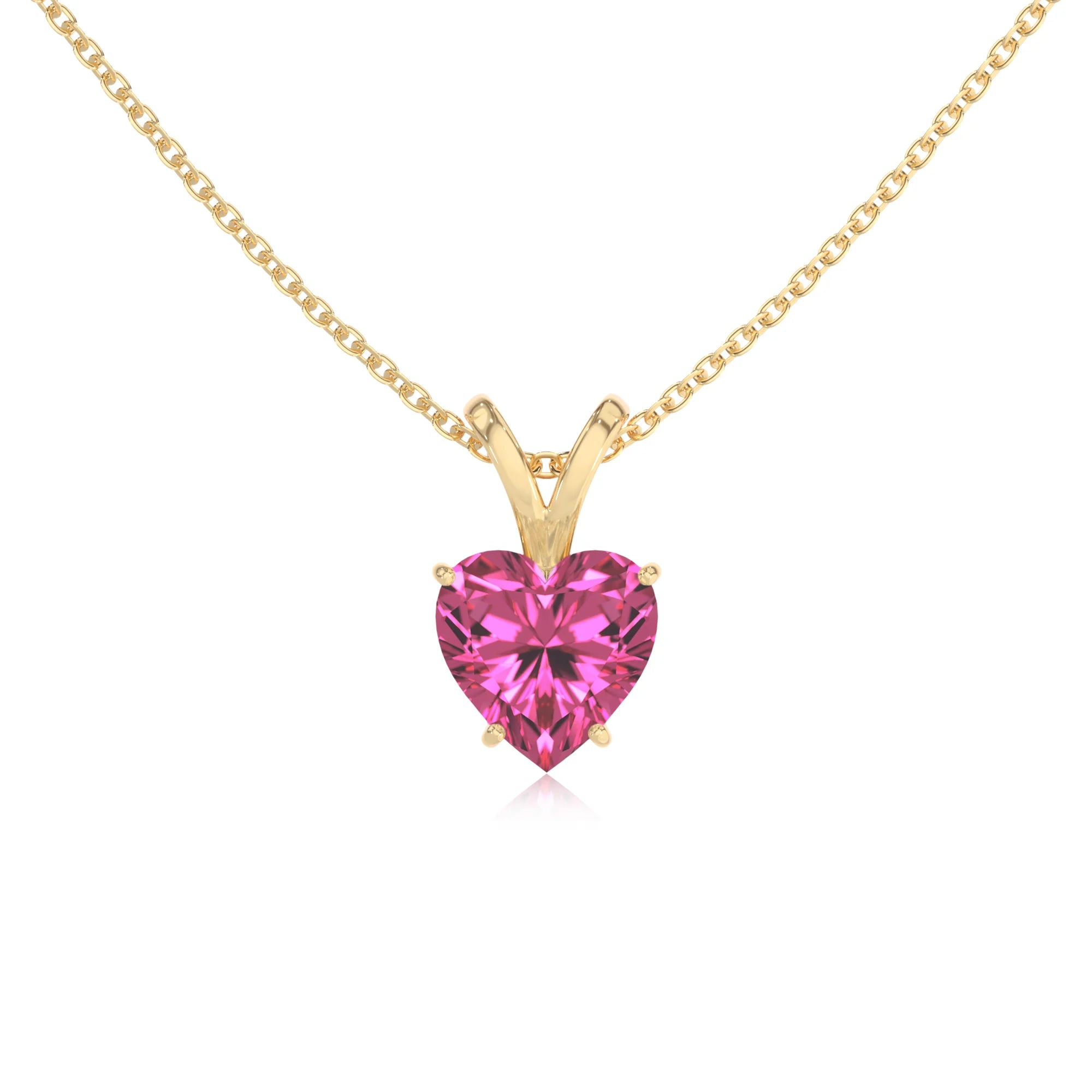 lab grown pink-sapphire heart solitaire v-bale necklaces in yellow gold 