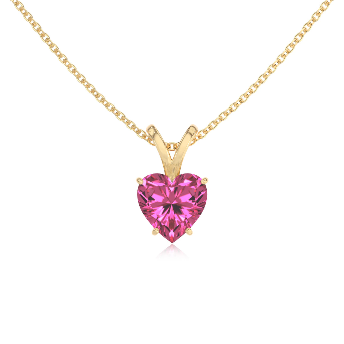 lab grown pink-sapphire heart solitaire v-bale necklaces in yellow gold 