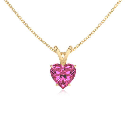 lab grown pink-sapphire heart solitaire v-bale necklaces in yellow gold 