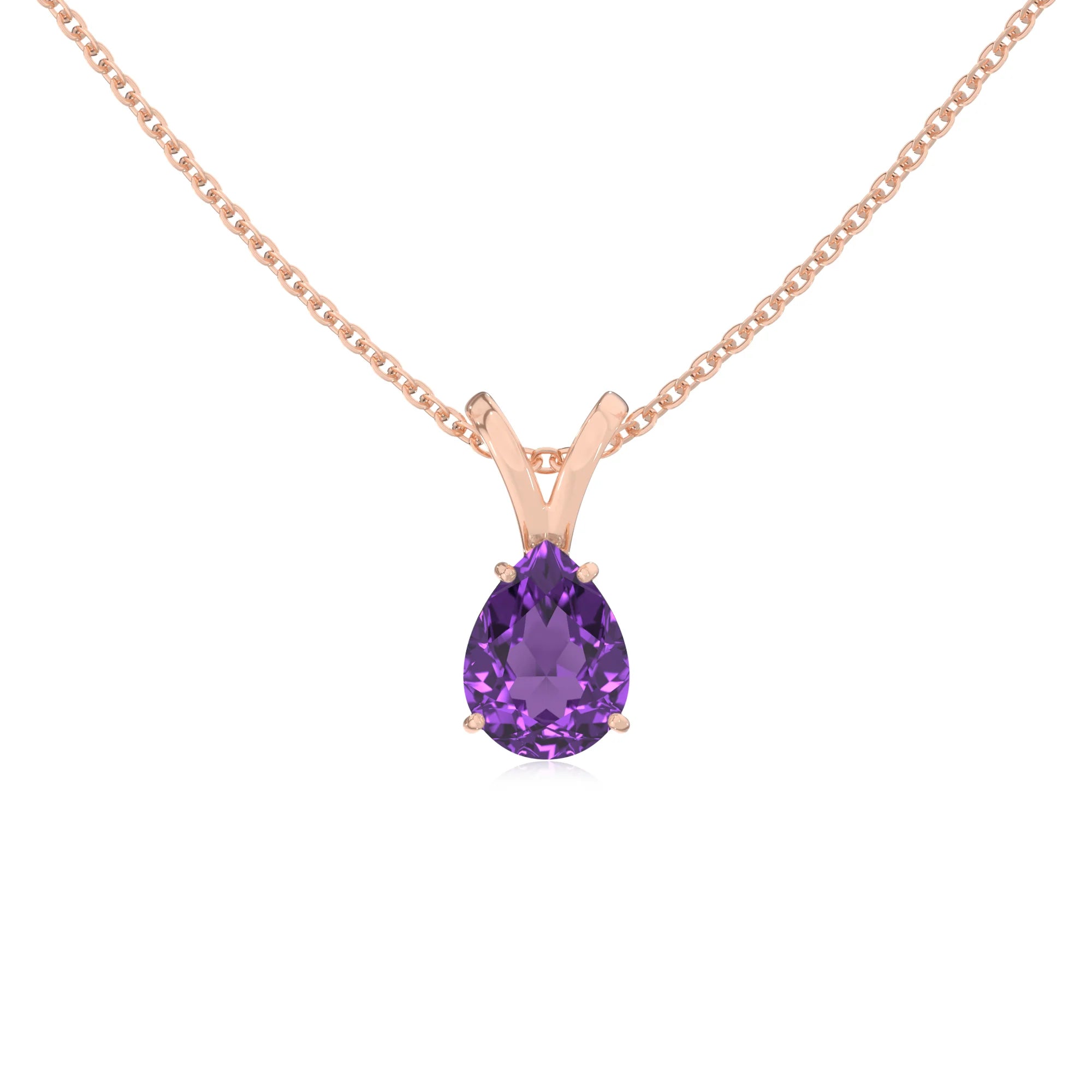 lab grown amethyst pear solitaire v-bale necklaces in rose gold 