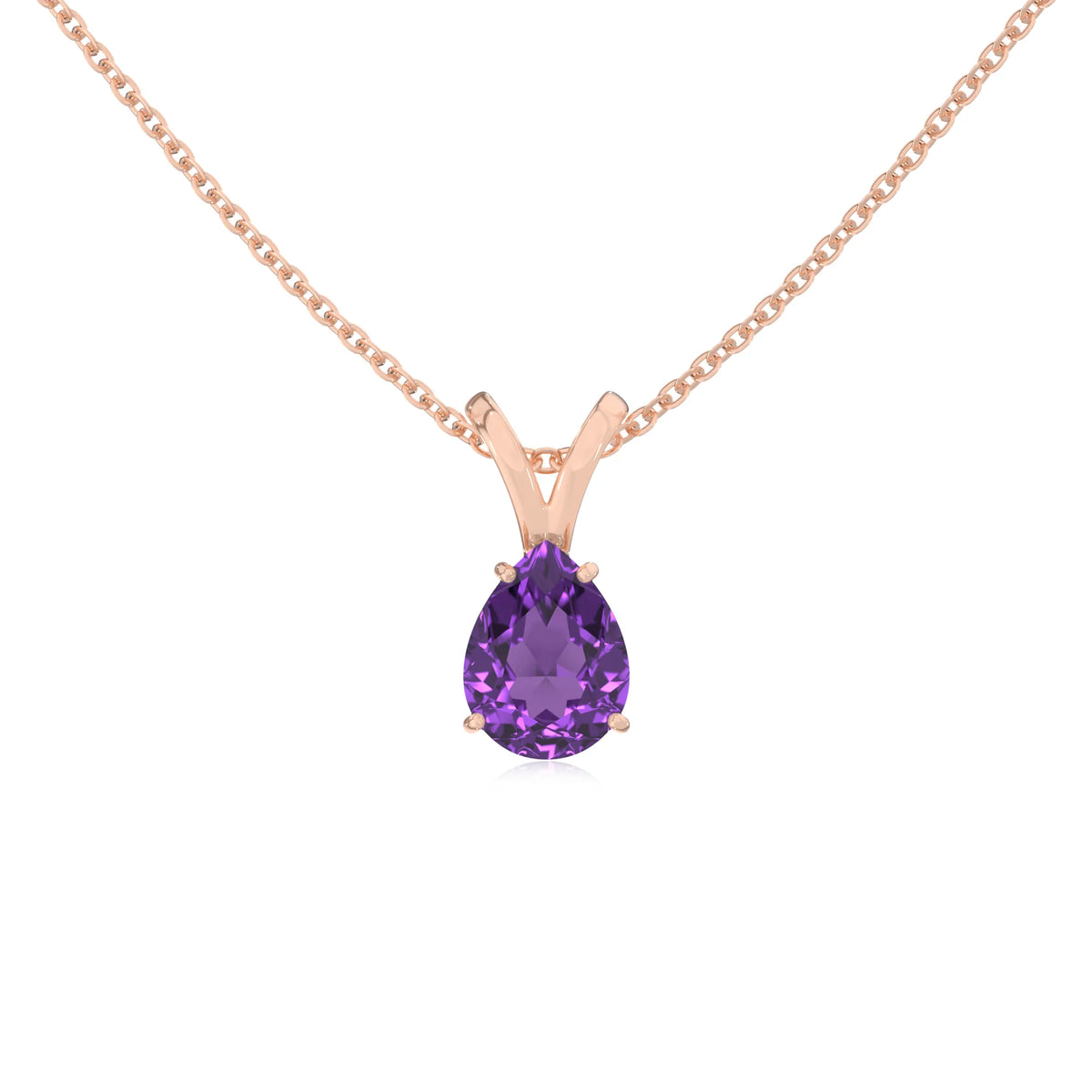 lab grown amethyst pear solitaire v-bale necklaces in rose gold 