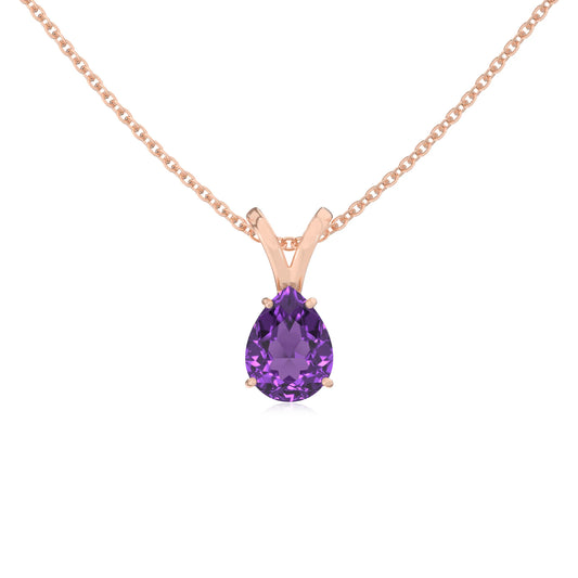 lab grown amethyst pear solitaire v-bale necklaces in rose gold 