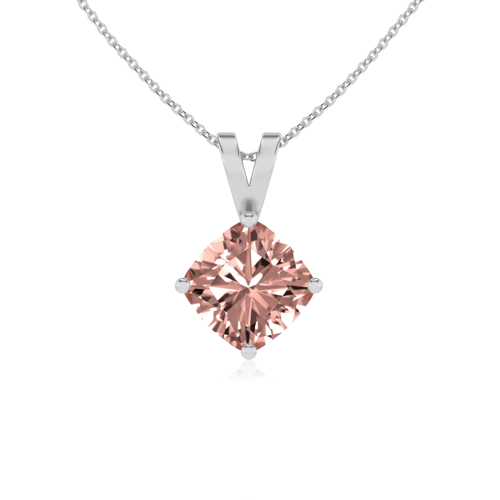 lab grown morganite cushion solitaire v-bale necklaces in sterling silver 