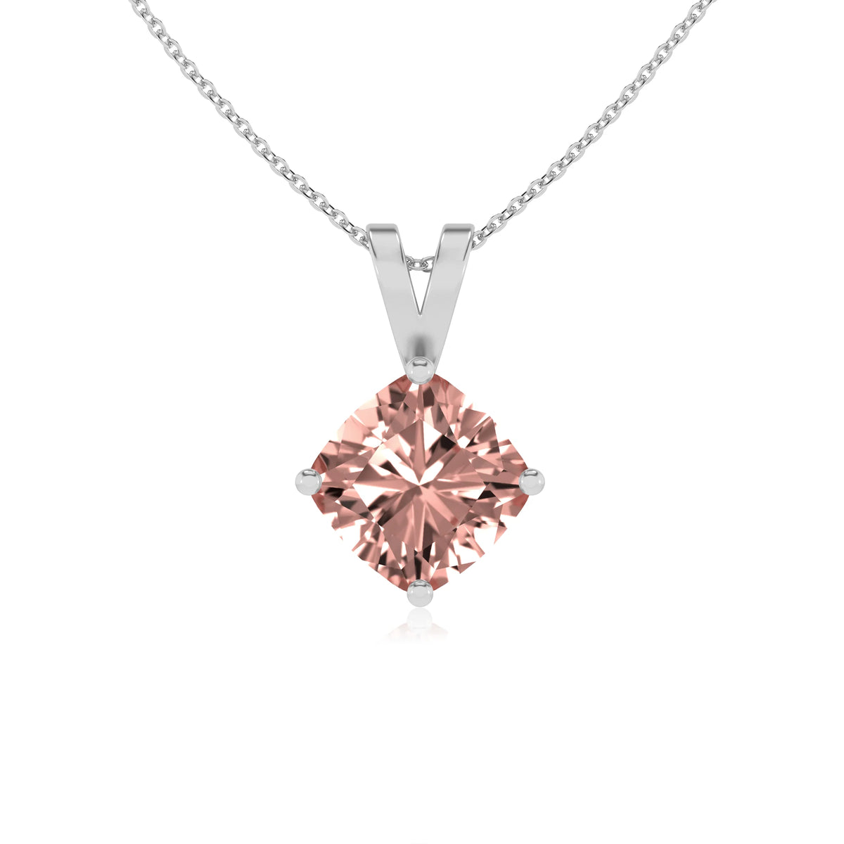 lab grown morganite cushion solitaire v-bale necklaces in sterling silver 