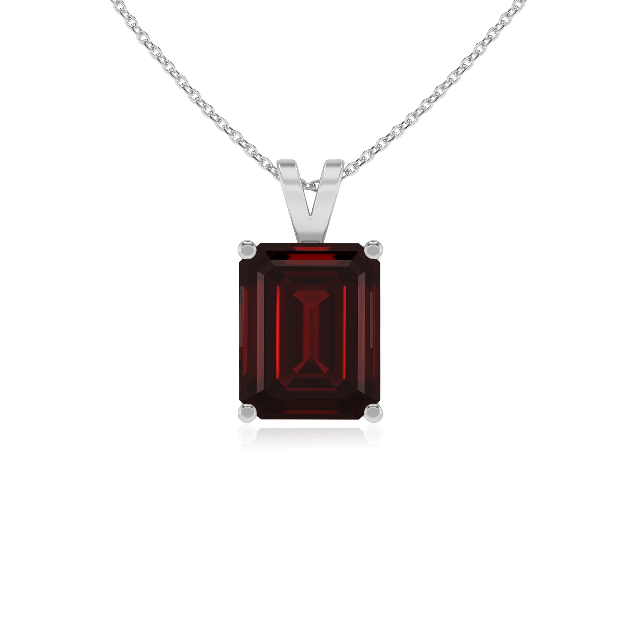 natural garnet emerald cut solitaire v-bale necklaces in white gold 