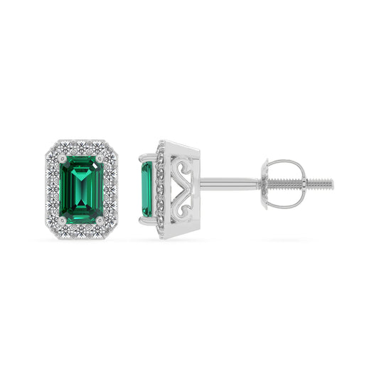 lab grown emerald octogon cut stud earrings in white gold 